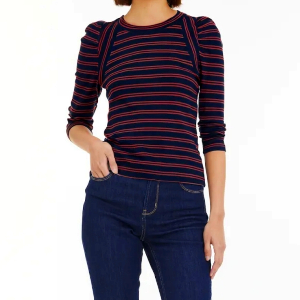 Veronica Beard Delano Striped Puffed Shoulder Top - Size Medium